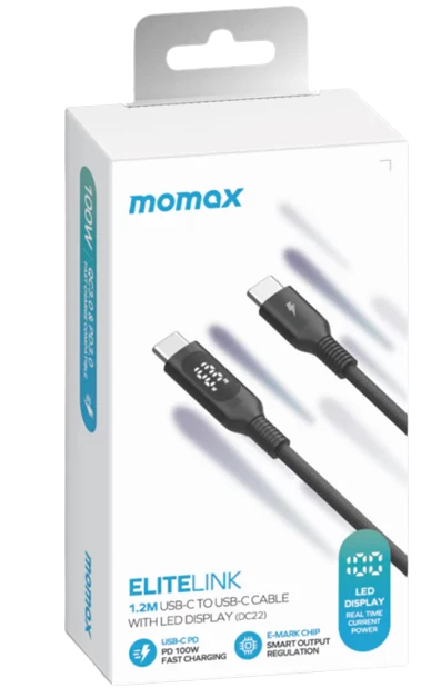 MOMAX Elitelink USB-C to USB-C PD 100W LED Display Charge Cable 1.2m (Black) #DC22D