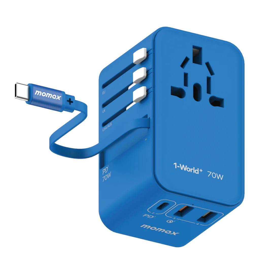 MOMAX 1-World+ GaN Travel Charger (70W, 3port, 2xUsb-A, 1xTypeC, 1xTypeC Cable, Blue) #UA18UKB