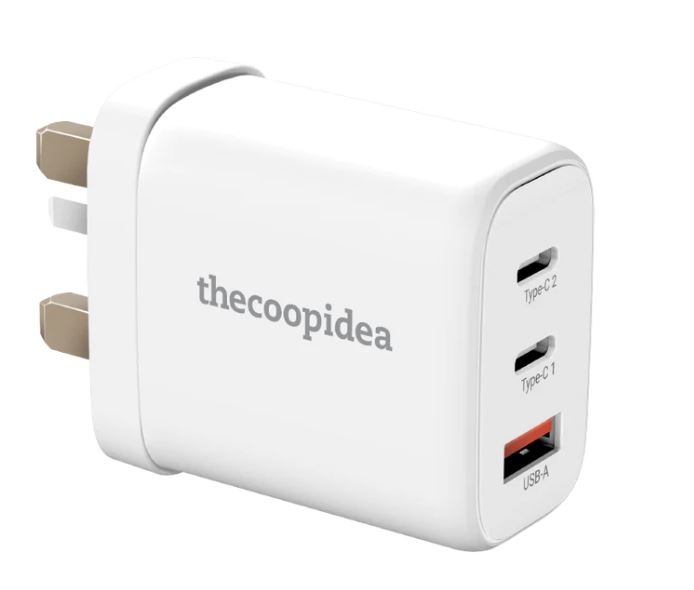 thecoopidea GaN Usb Charger (65W, 3port, PD, QC3.0, 2xTypeC, White) #CP-ADP08-WHT