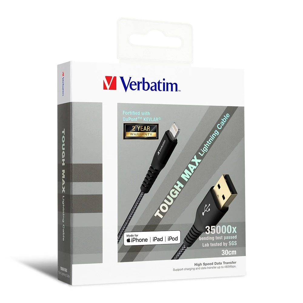 Verbatim Tough Max Lightning Cable MFi 充電線 0.3米 (黑色) #65992