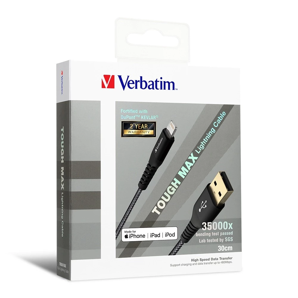 Verbatim Tough Max Lightning Cable MFi Charge Cable 1.2m (Black) #65992