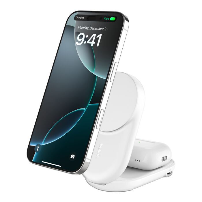 Belkin UltraCharge Qi2 25W 2合1 可折疊磁吸充電器 (白色) #WIZ039myWH