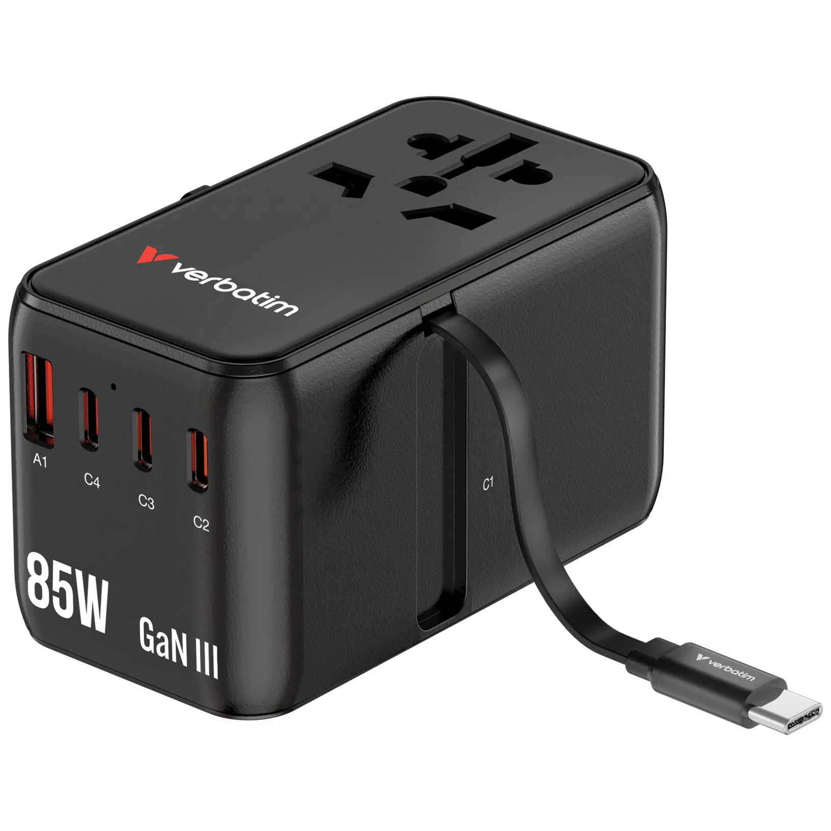 Verbatim Charge'n'Travel GaN Usb Charger w/Usb-C Cable (85W, 4port, 1xUsb-A, 3xTypeC, Black) #30176