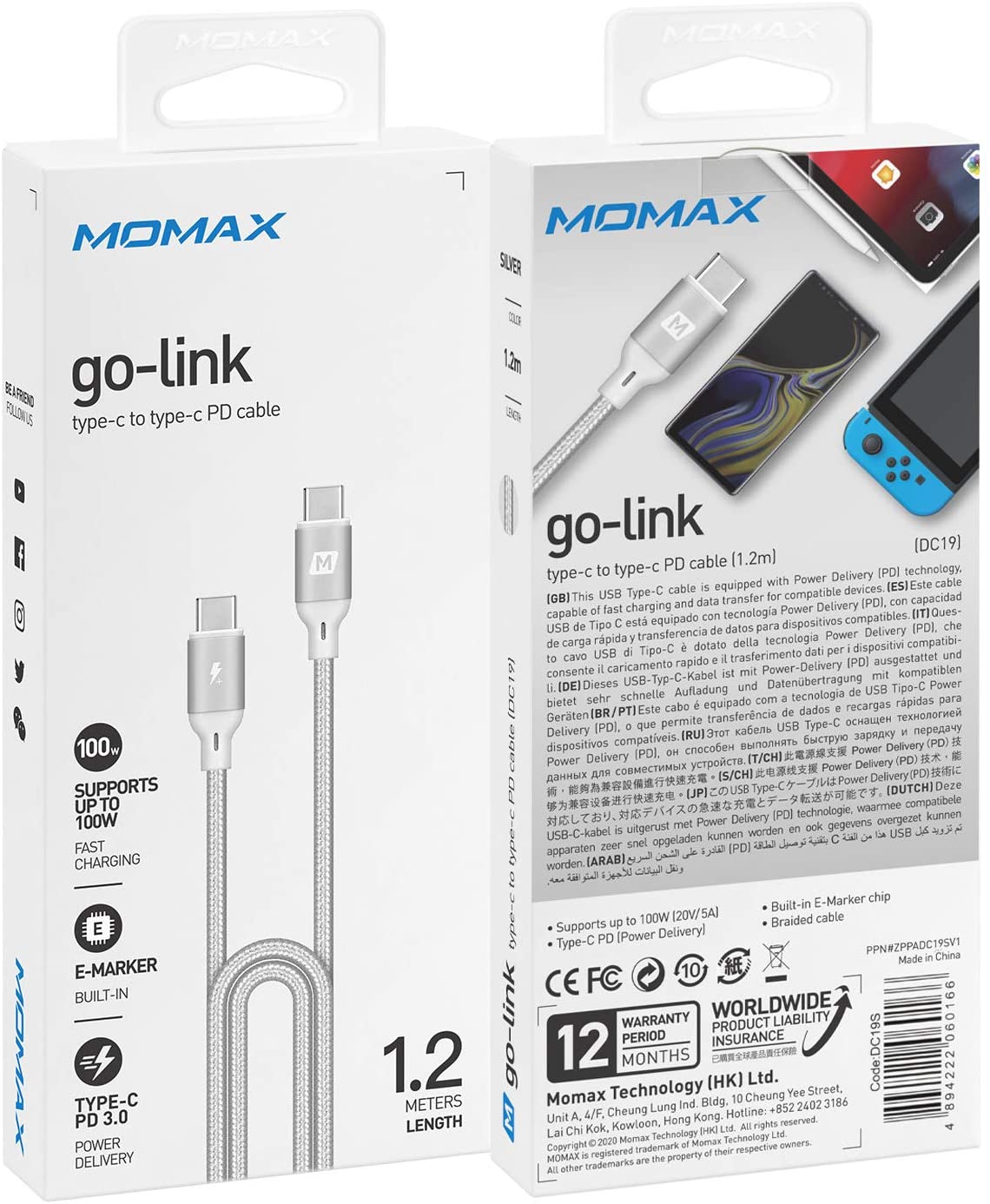 MOMAX Go Link Type-C to Type-C 100W PD 編織紋充電線 1.2米 (銀色) #DC19S