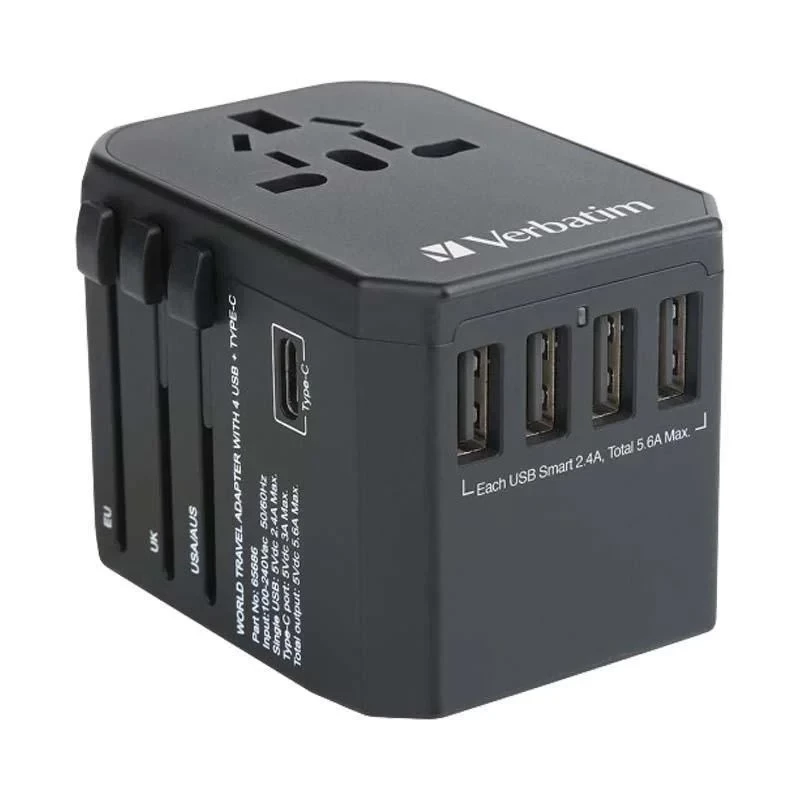 Verbatim Universal Travel Adapter Type-C + 4 USB (Black) #65686