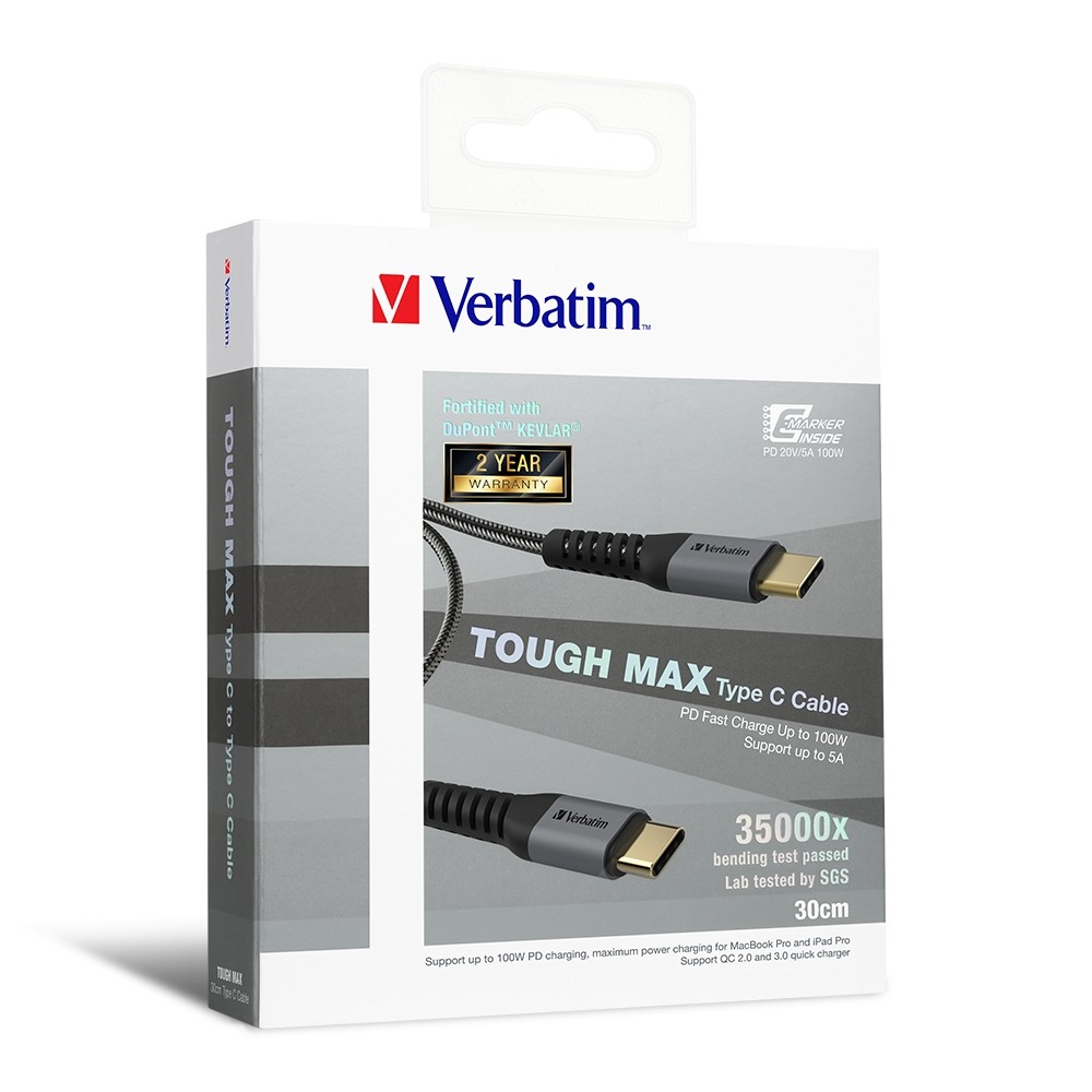 Verbatim Tough Max Type C to Type C PD 充電線 0.3米 (灰色) #66064