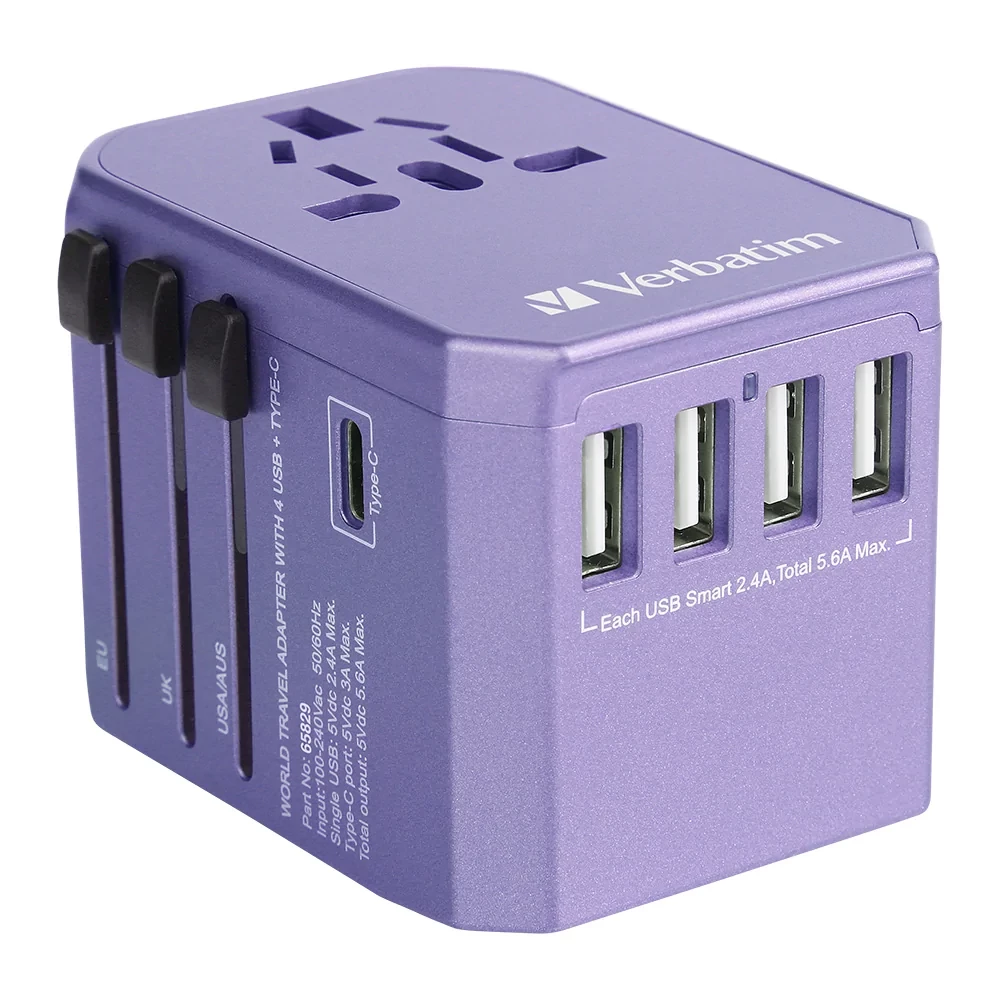 Verbatim 5 Ports 旅行充電器 Type-C + 4 USB (紫色) #65829
