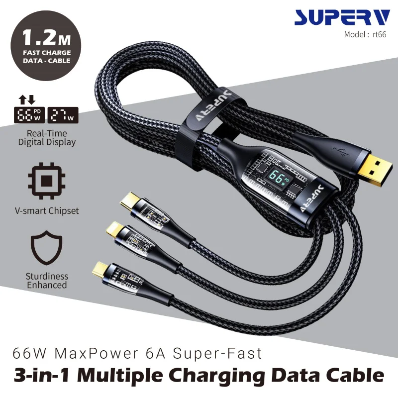 SuperV RT66 4ft/1.2metre USB-A to Micro-Usb+Type-C+Lightning Usb Cable PD (66W) (Black) #RT66