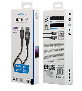 Momax Elite Link USB-A to USB-C Triple Braided Cable 0.3m (Black) #DA12e