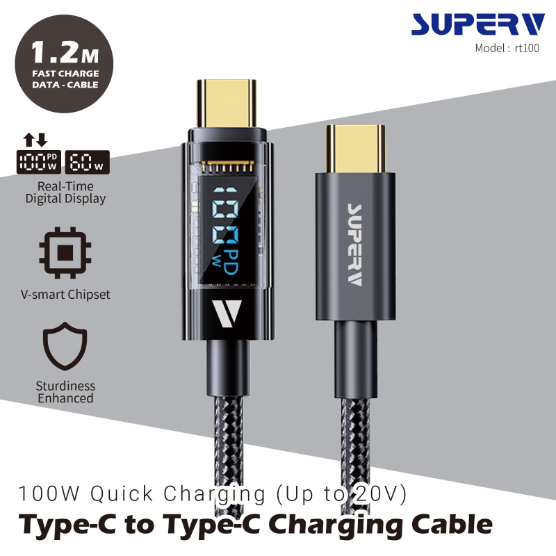 SuperV RT100 4ft/1.2metre 100w Type-C to Type-C Usb Cable (Black) #RT100