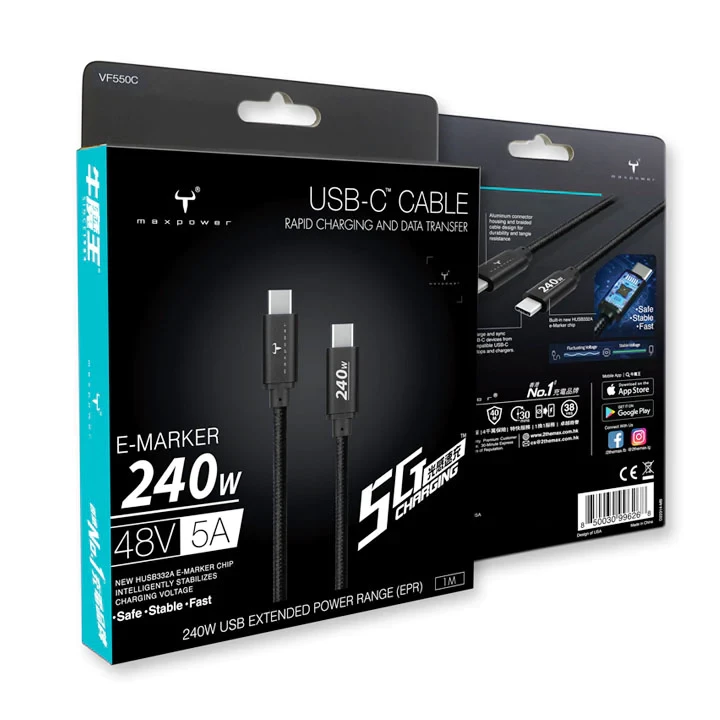 2theMax 牛魔王 VF550C USB-C 240W PD 高速充電線 1米 3呎 (黑色) #D22314-Mb