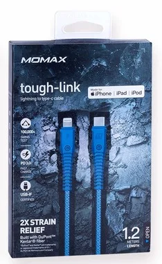 MOMAX Tough Type-C to Lightning MFI認證軍用級耐用高速充電線 (1.2米, 藍色)