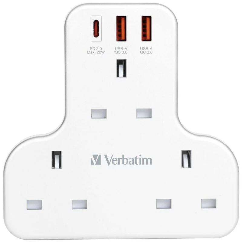 Verbatim WallOutlet 3Head T-shaped Extension Socket w/2xUsb,1xTypeC Charger (White) #66886