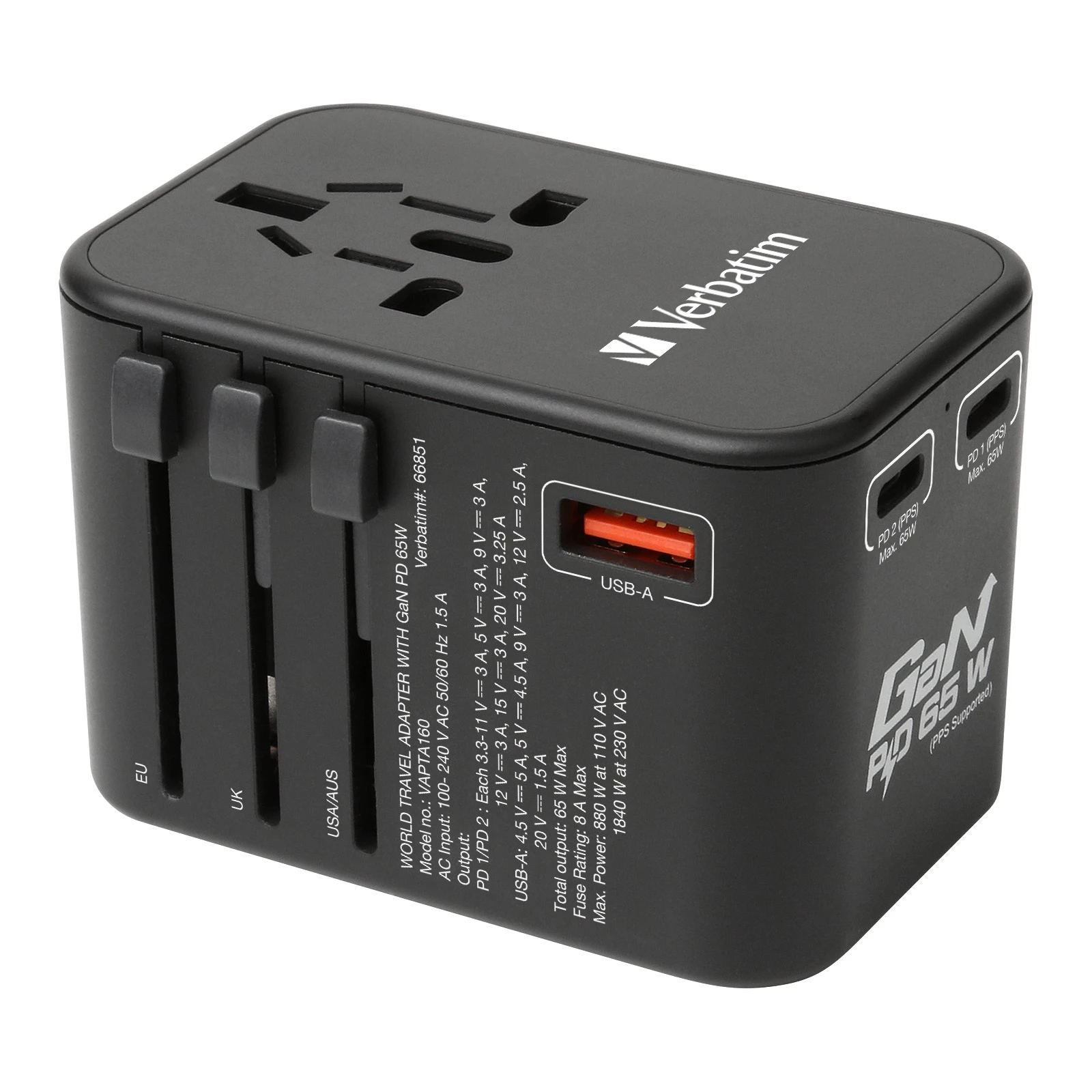 Verbatim 3 Port 65W PD 3.0 & QC 3.0 GaN Universal Travel Adaptor (Black) #66851