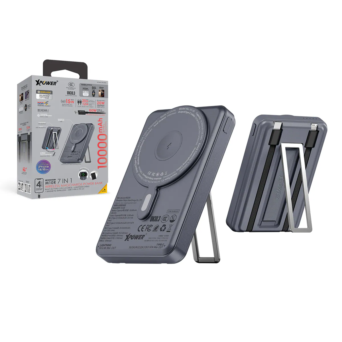 XPower Magneto M10R 7in1 10000mAh Magnetic Power Bank w/Lightning+Usb-C+WatchCharger 1port Grey #KH-88-gY (CCC Cert.)