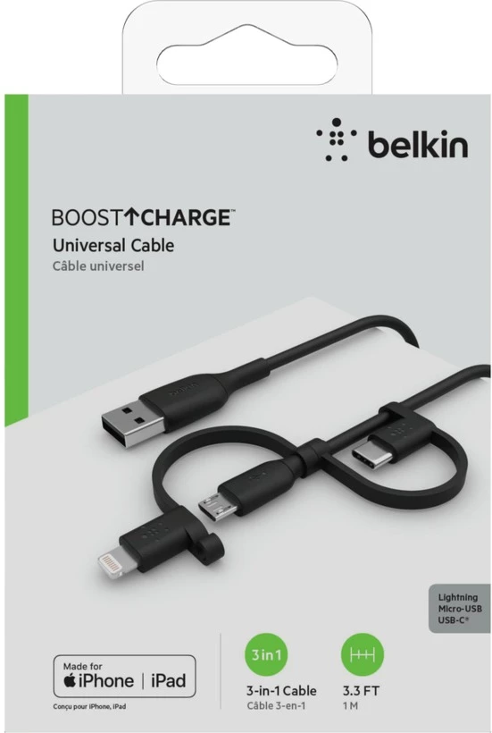 Belkin Boost Charge 三合一通用充電線 1米 (黑色) #CAC001bt1MbK