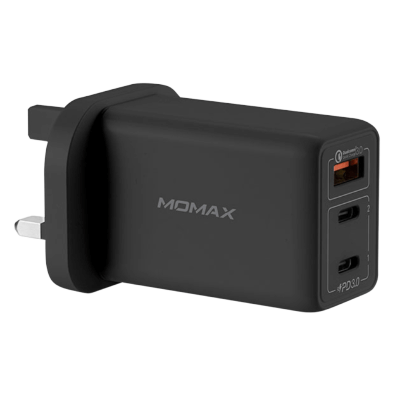 MOMAX OnePlug GaN 65W 3-Port Charger (Type-C, PD, QC3.0, Black)
