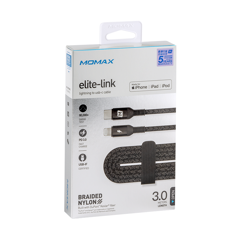 MOMAX Elitelink 10ft/3metre Usb-Type-C to Lightning Cable (Black)