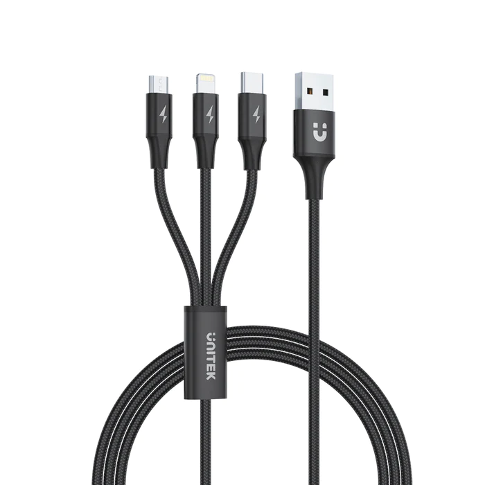Unitek 4ft/1.2metre Usb-A to Micro-Usb+Type-C+Lightning Usb Cable (Black) #C14049BK