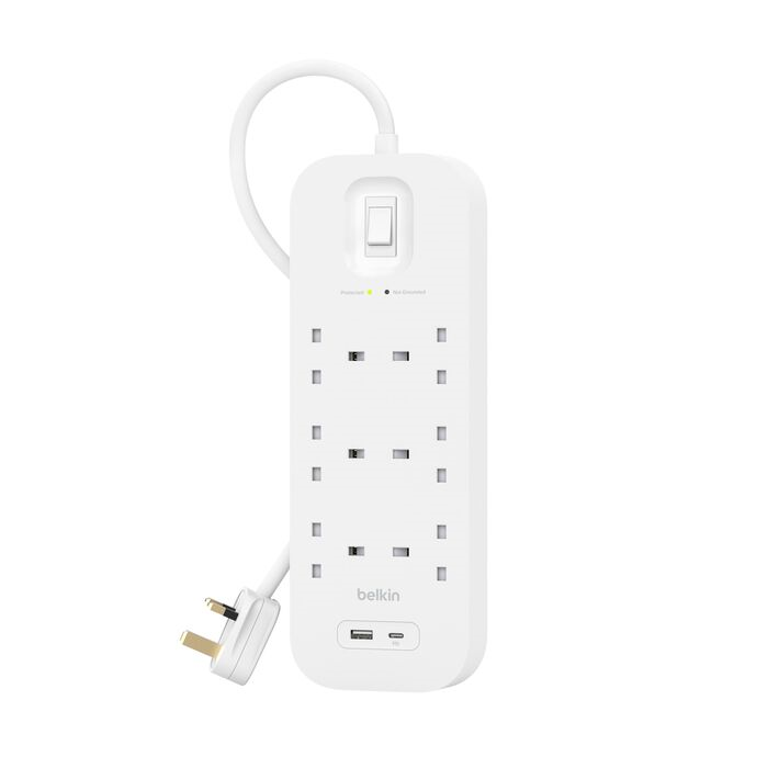 Belkin Connect SurgeProtector 6.6ft/2metre 6Head Power Extension Socket w/1xUsb-A, 1xUsb-C (White) #sRb002af2M-MY