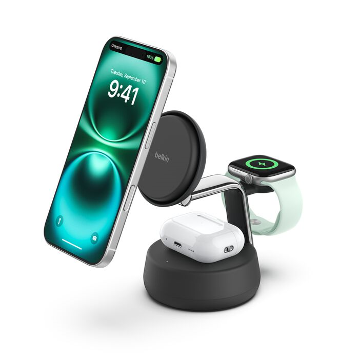 Belkin UltraChargePro Qi2.2(25W) 3in1(iPhone, Watch & AirPods) Magnetic Wireless Charger Stand (Charcoal) #Wiz040myCH