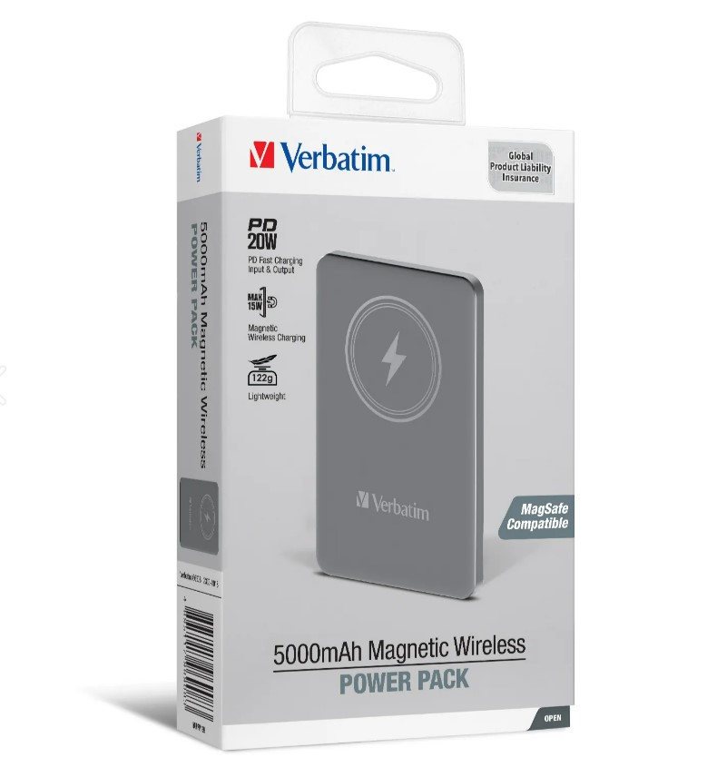 Verbatim QC3.0+PD 20W 5000mAh Mobile Rechargeable Battery w/Qi 15W Magnetic Wireless Power Pack (Grey) #66908