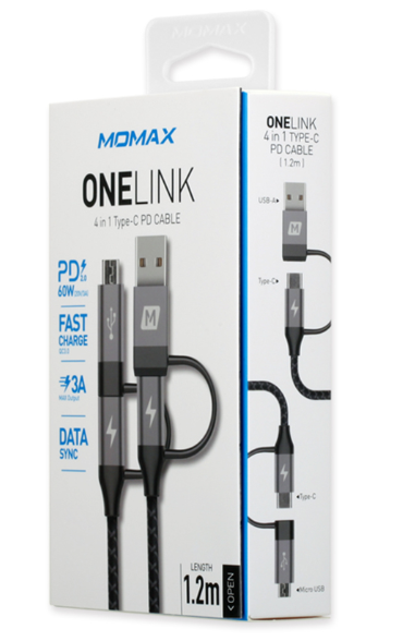 MOMAX OneLink 4ft/1.2metre Type-C+Usb-A to Type-C+Micro-USB Usb Cable PD (Space Grey)