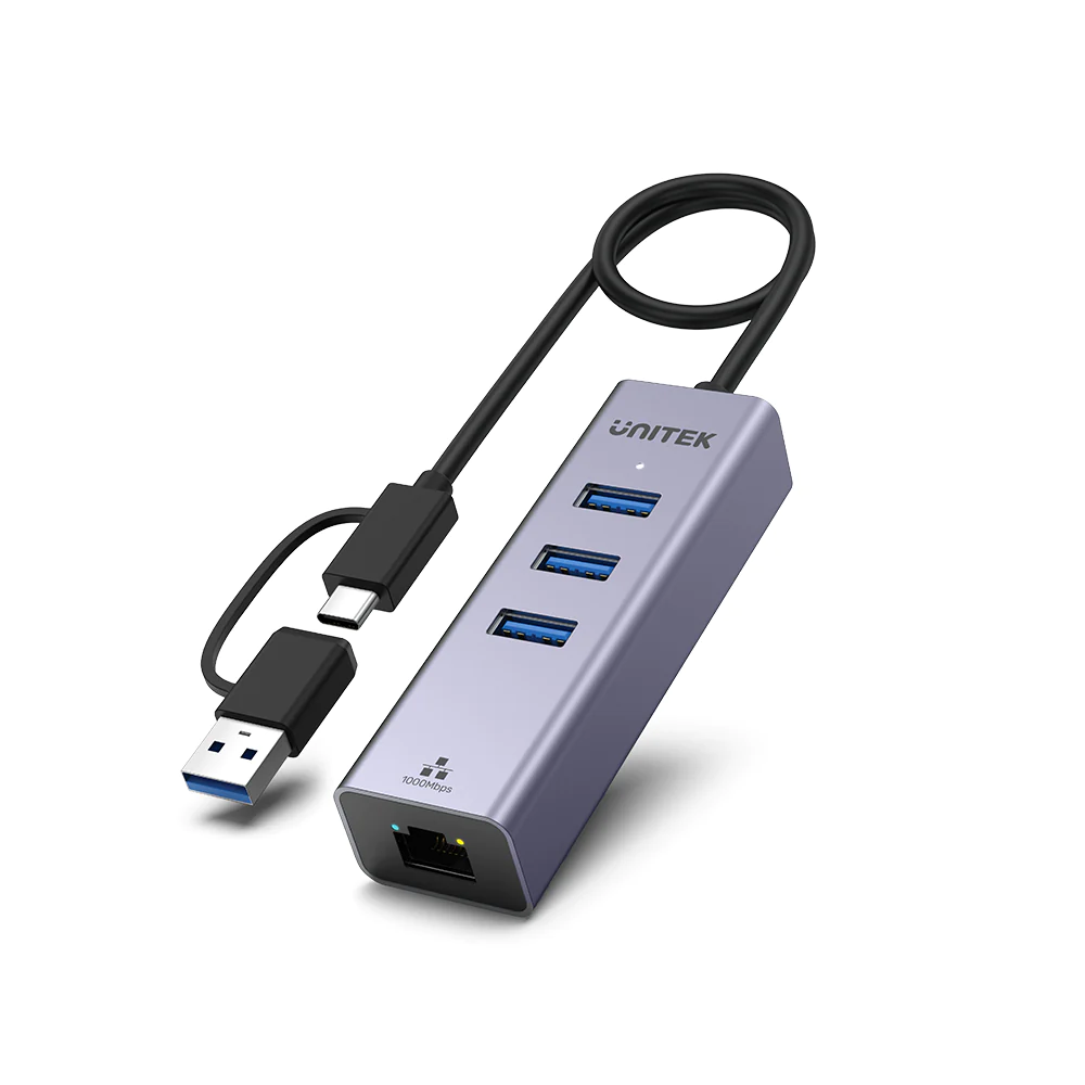 Unitek uHUb_Q4+ Usb-A/TypeC to 3port Usb3.0 Hub + GigaLan #Y-3088b