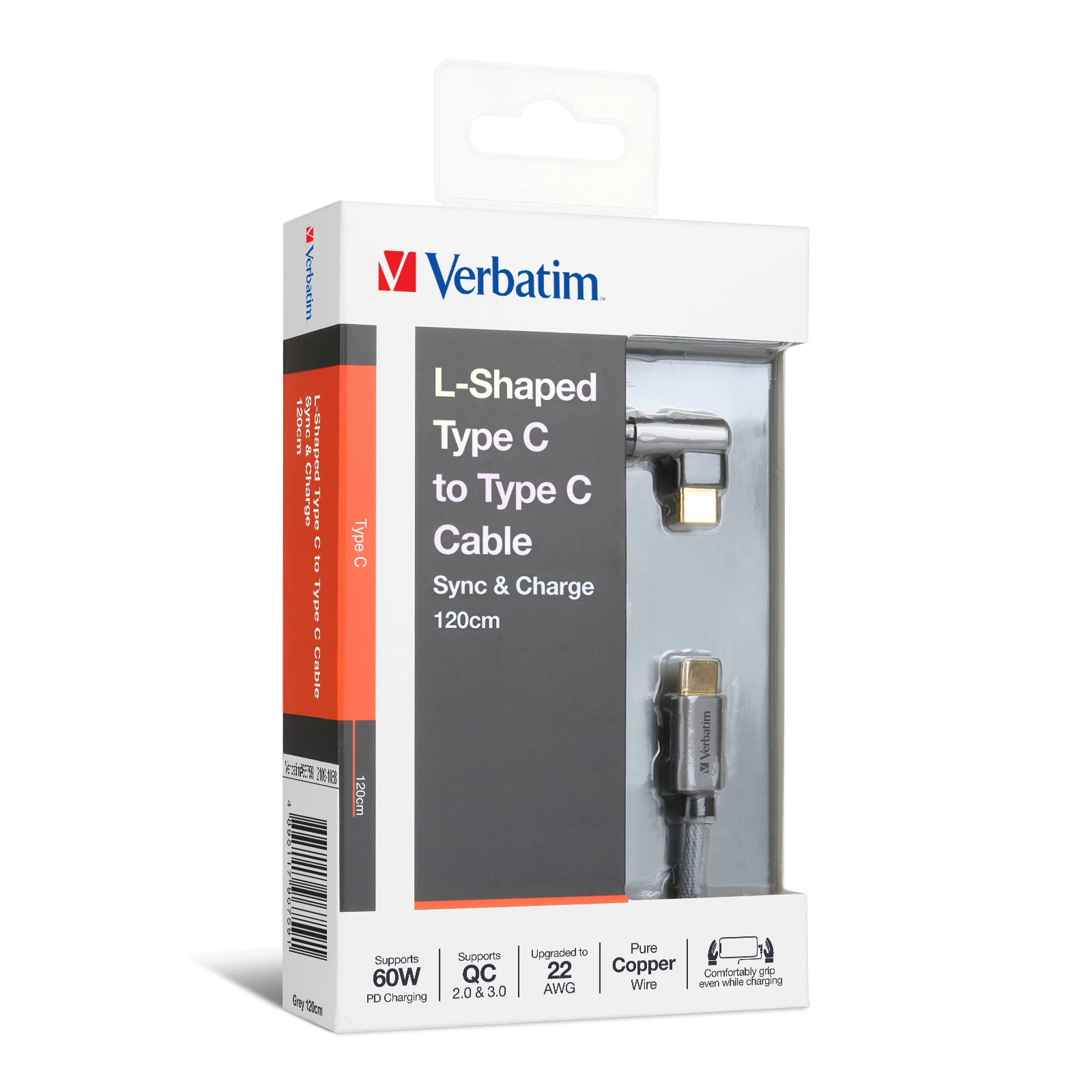 Verbatim L-Shaped Type-C to Type-C PD Charge Cable 1.2m (Grey) #66759
