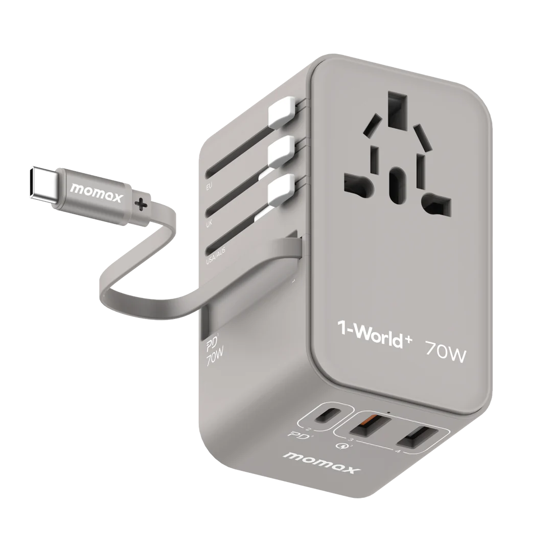 MOMAX 1-World+ GaN Travel Charger (70W, 3port, 2xUsb-A, 1xTypeC, 1xTypeC Cable, Gery) #UA18UKE