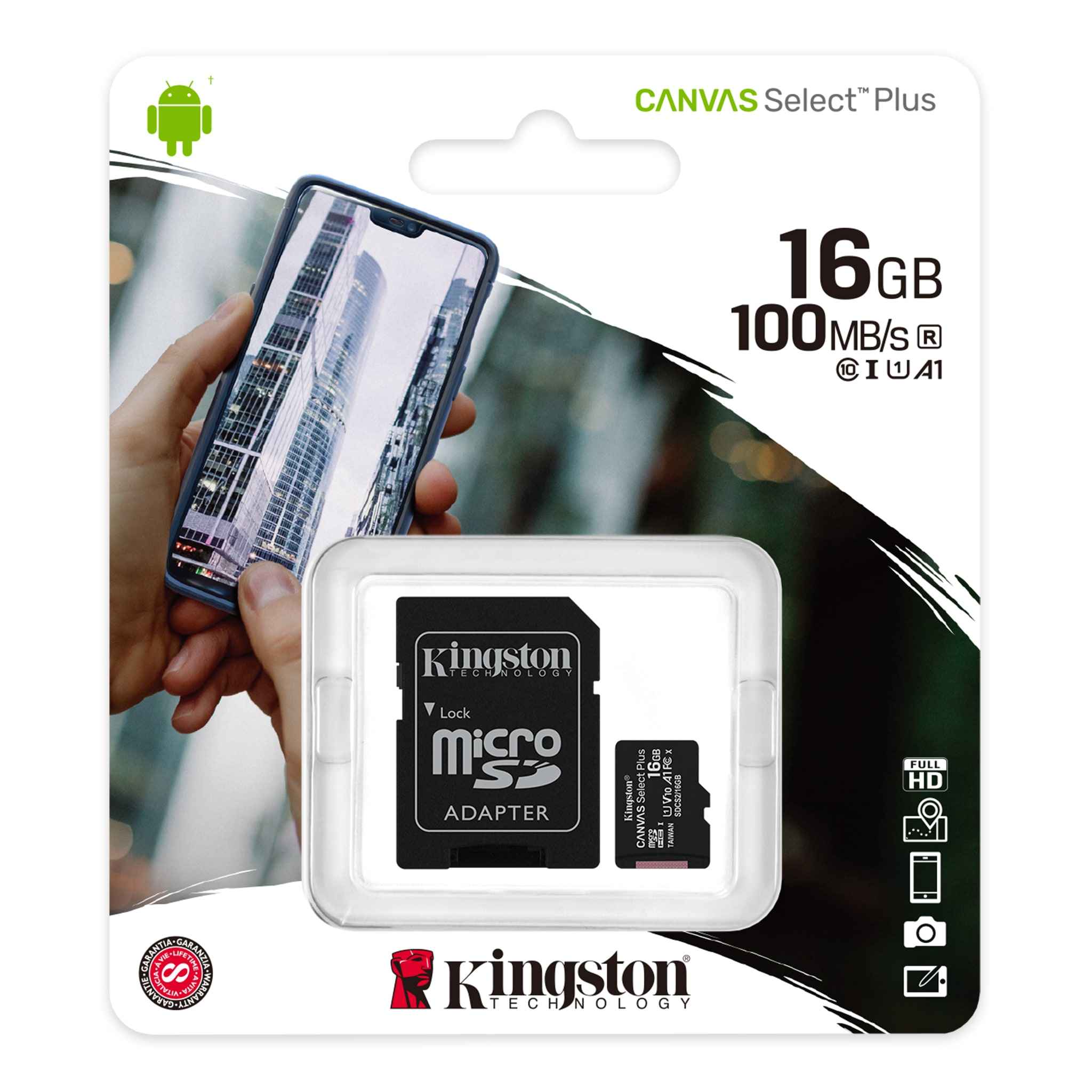 Kingston Canvas Select Plus 16Gb MicroSDHC Card w/Adapter