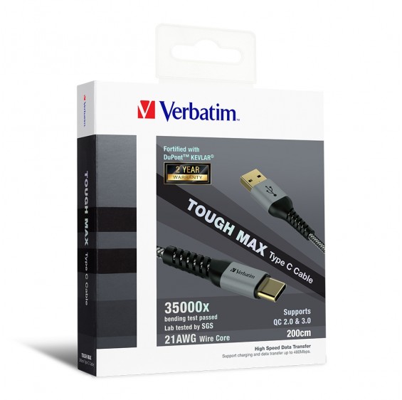 Verbatim Tough Max USB-C to USB-A 充電線 2米 (灰色) #66117