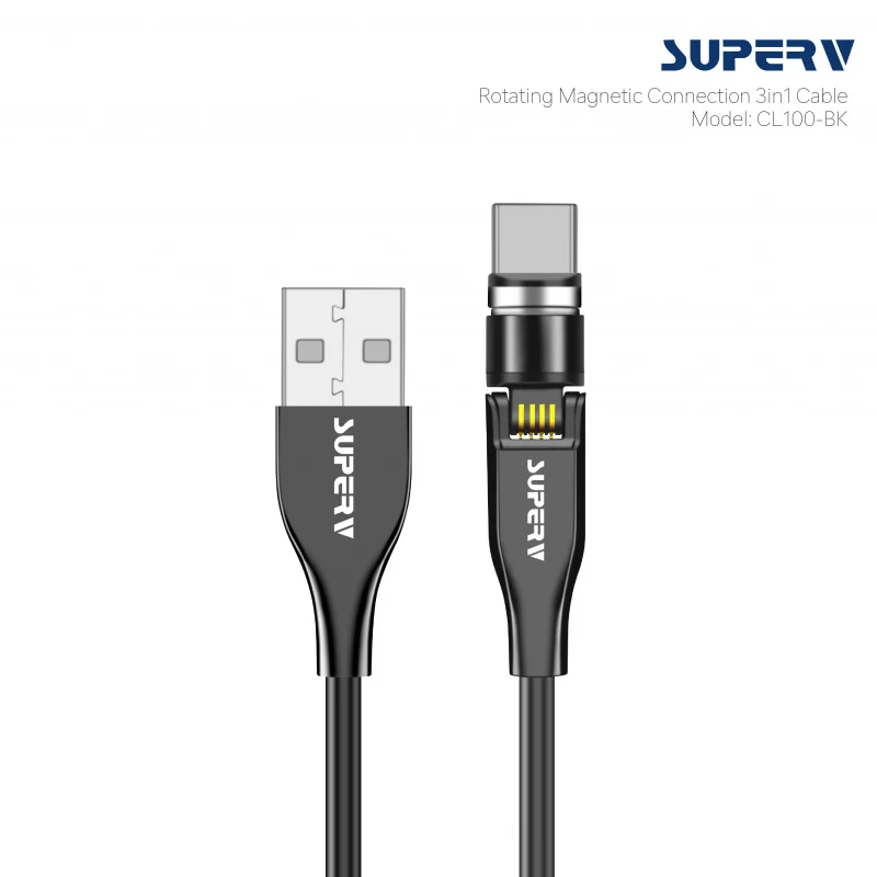 SuperV CL100 3ft/1metre Usb-A to Micro-Usb+Type-C+Lightning Usb Cable (Magnetic) (Black) #CL100-BK