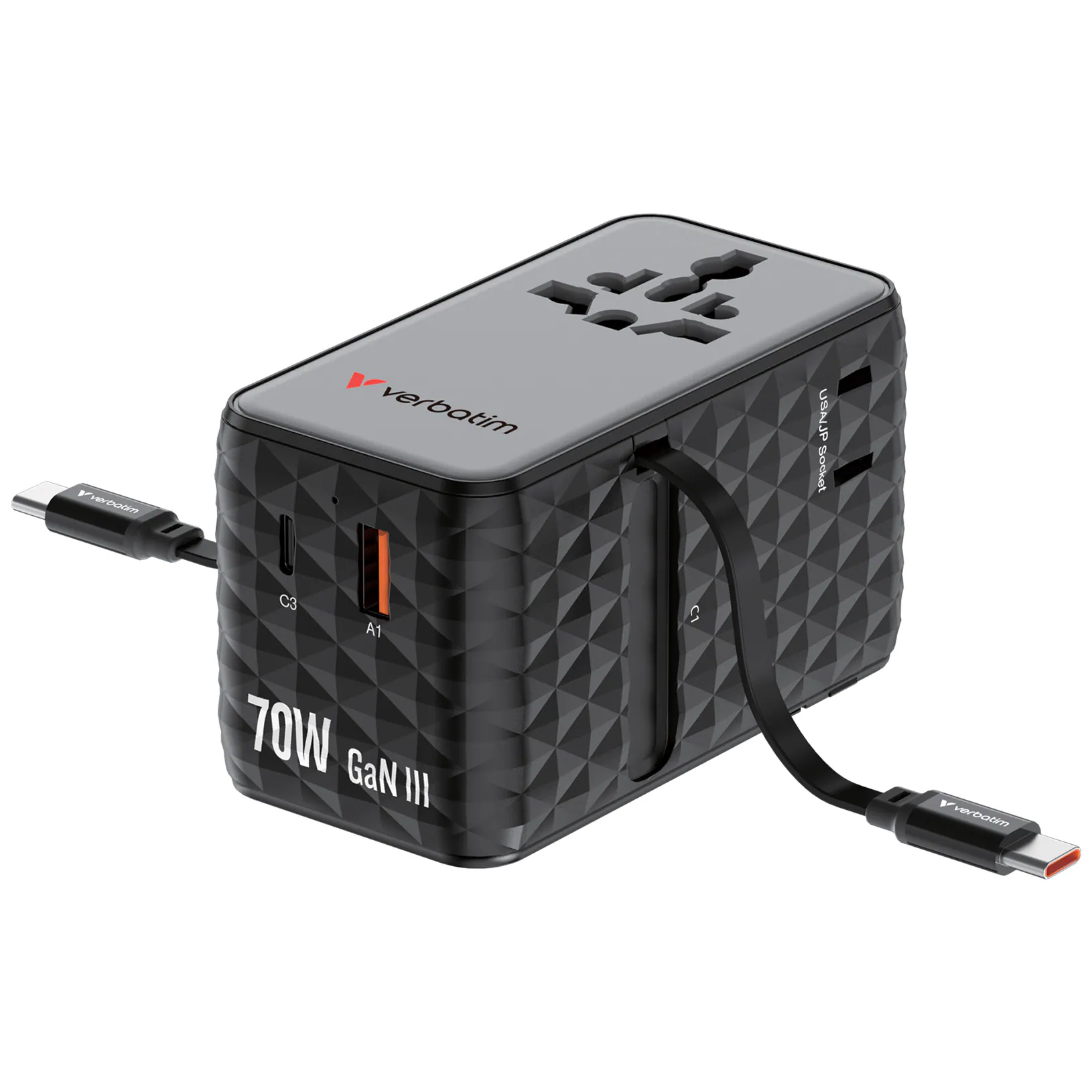 Verbatim Charge'n'Travel Diamond GaN Usb Charger w/Dual Usb-C cable (70W, 4port, 1xUsb-A, 3xTypeC, Black) #30186