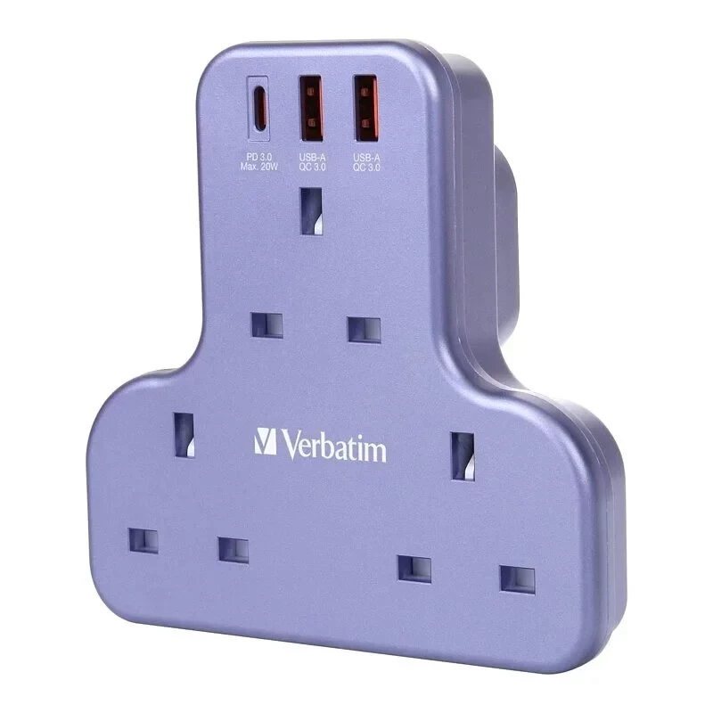 Verbatim 3 Socket PD & QC 3.0 Flat Wall Outlet Extender (Purple) #66852