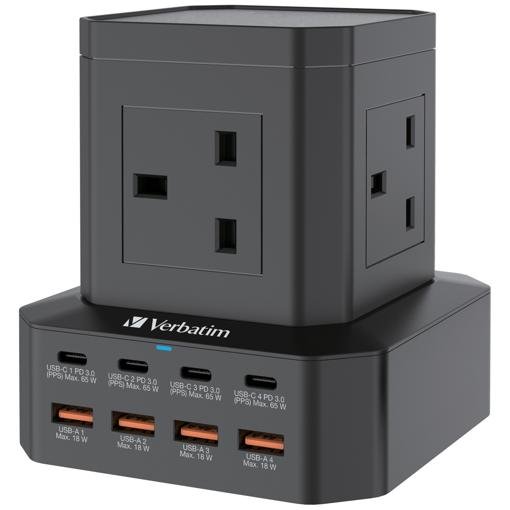 Verbatim PowerStrip Cube 65W 6.6ft/2metre 4Head w/Main Switch 總開關 Power Strip w/4xUsb-A, 4xUsb-C (Black) #66960