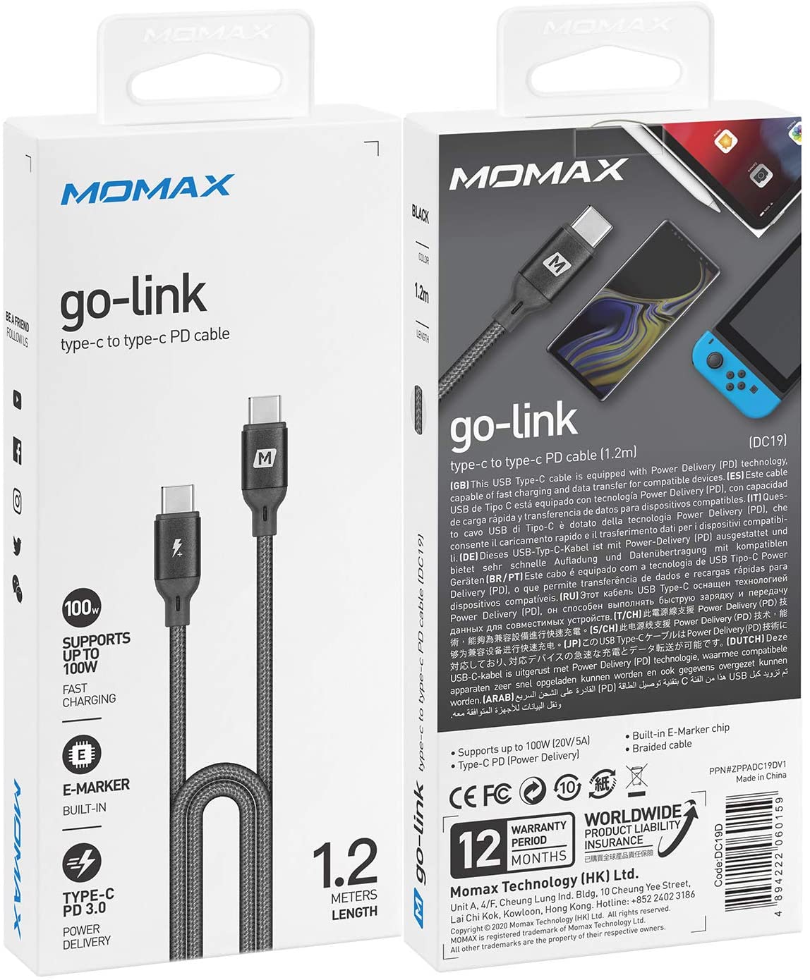 MOMAX Go Link Type-C to Type-C 100W PD 編織紋充電線 1.2米 (黑色) #DC19D