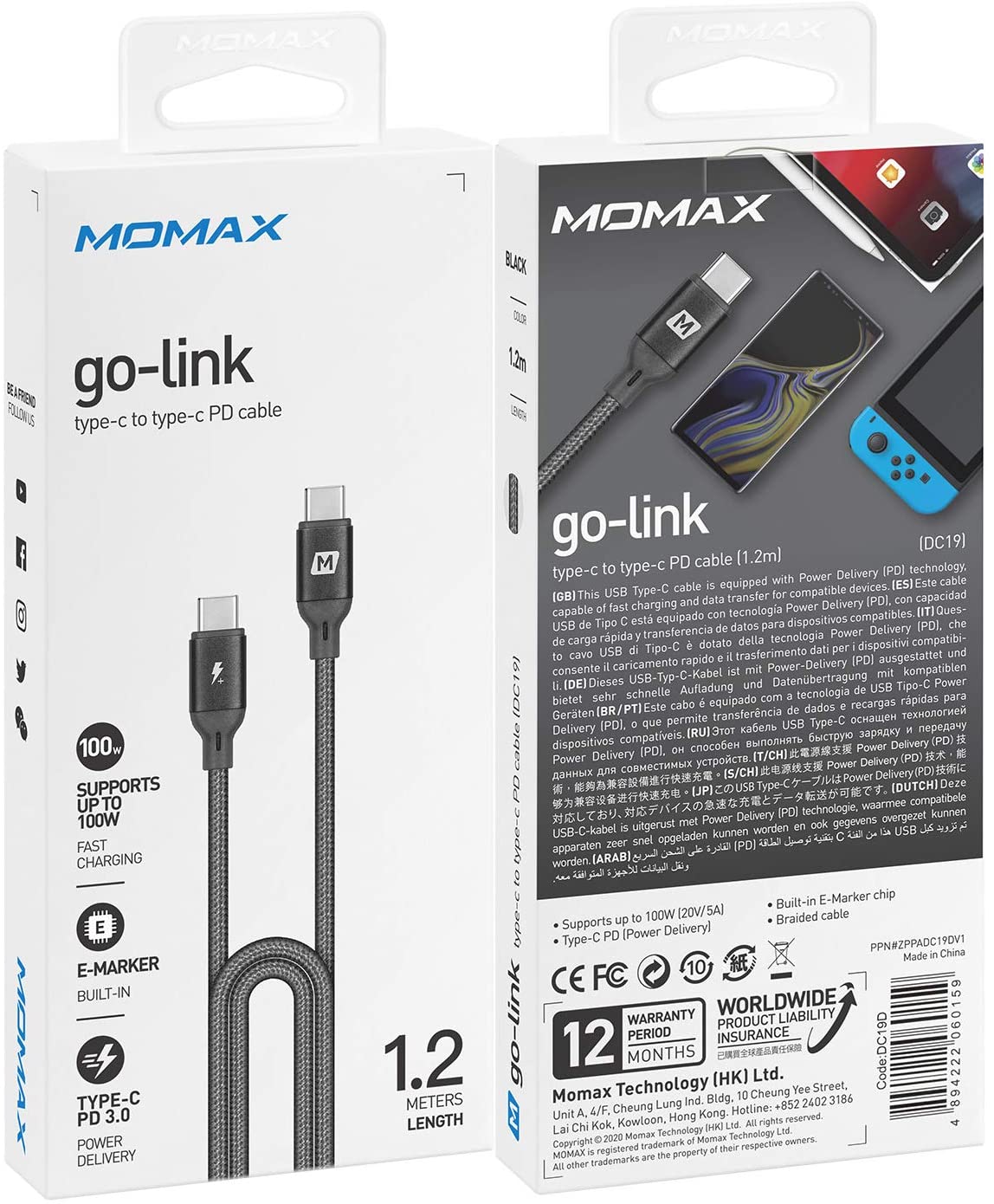 MOMAX Go-Link 4ft/1.2metre Type-C to Type-C Cable PD (Black)