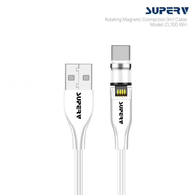 SuperV CL100 3ft/1metre Usb-A to Micro-Usb+Type-C+Lightning Usb Cable (Magnetic) (White) #CL100-WH
