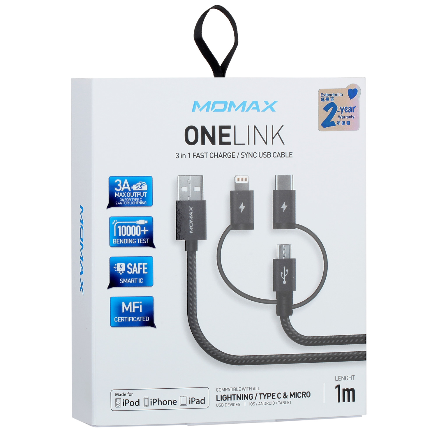 MOMAX 3ft/1metre Usb-A to Micro-Usb+Type-C+Lightning Usb Cable - MFi Certified (Black)