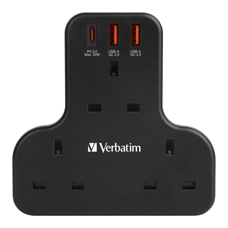 Verbatim WallOutlet 3Head T-shaped Extension Socket w/2xUsb,1xTypeC Charger (Black) #66848