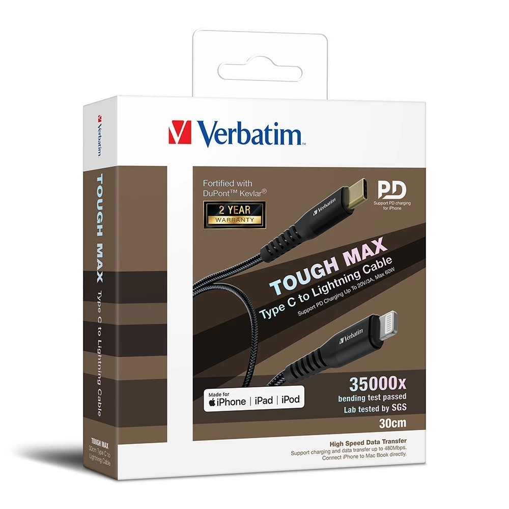 Verbatim Tough Max Type C to Lightning MFi Charge Cable 0.3m (Black) #66046