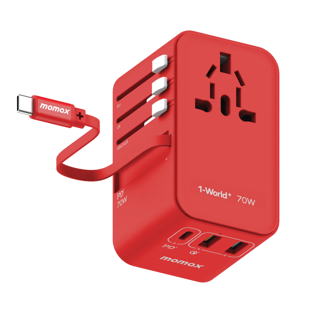 MOMAX 1-World+ 70W GaN 3插口及內置伸縮USB-C充電線旅行插座 (紅色) #UA18UKR
