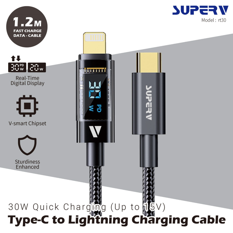 SuperV RT30 4ft/1.2metre 30w Type-C to Lightning Usb Cable (Black) #RT30