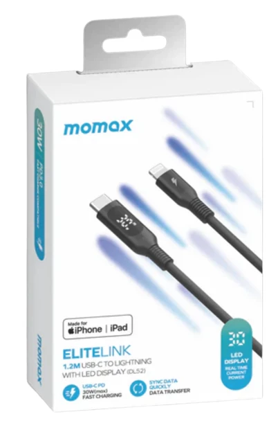 MOMAX Elitelink USB-C to Lightning PD 30W LED Display Charge Cable 1.2m (Black) #DL52D