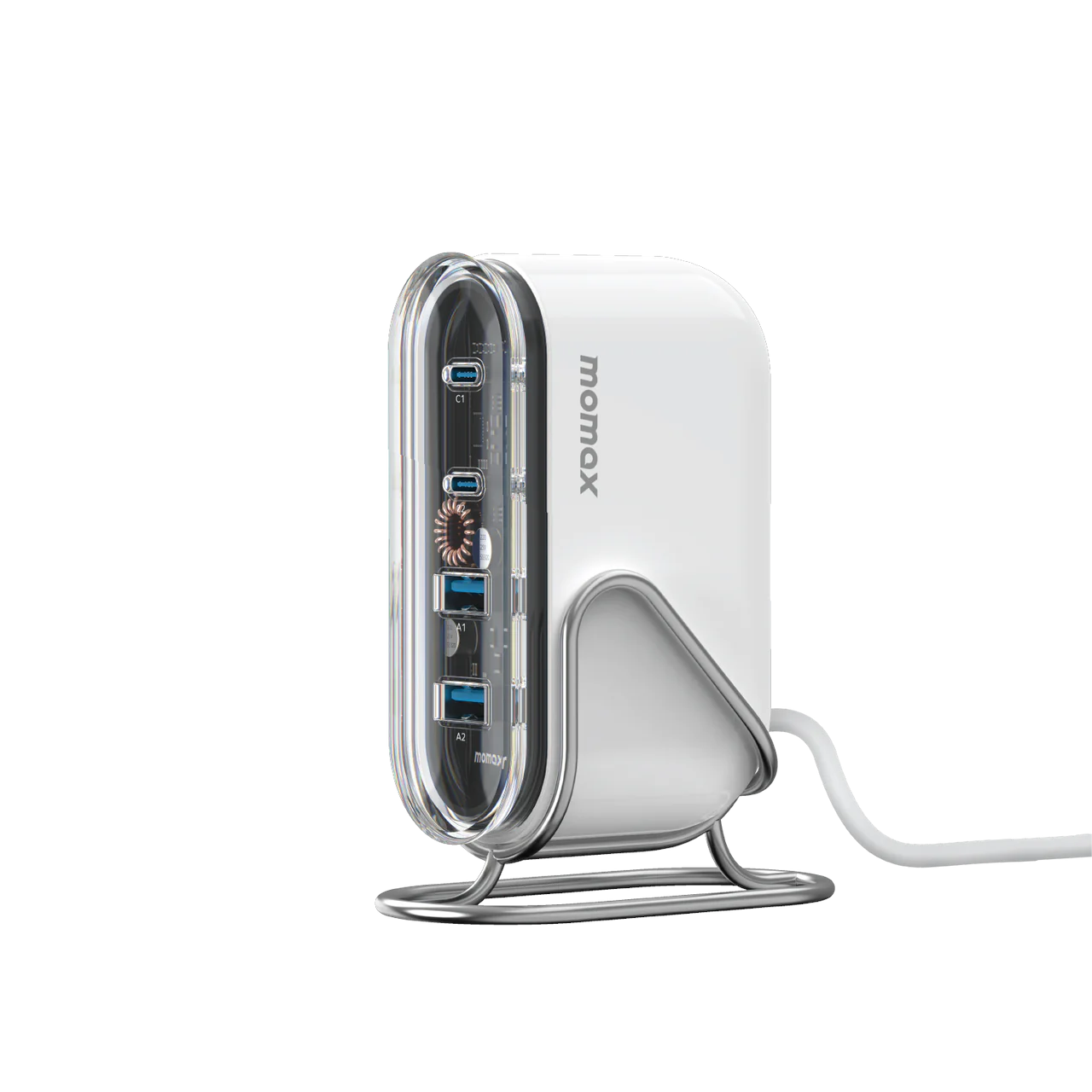 MOMAX 1-Charge Flow GaN Usb Charger (80W, 4port, PD, 2xTypeC, White Clear) w/stand #UM53UKW