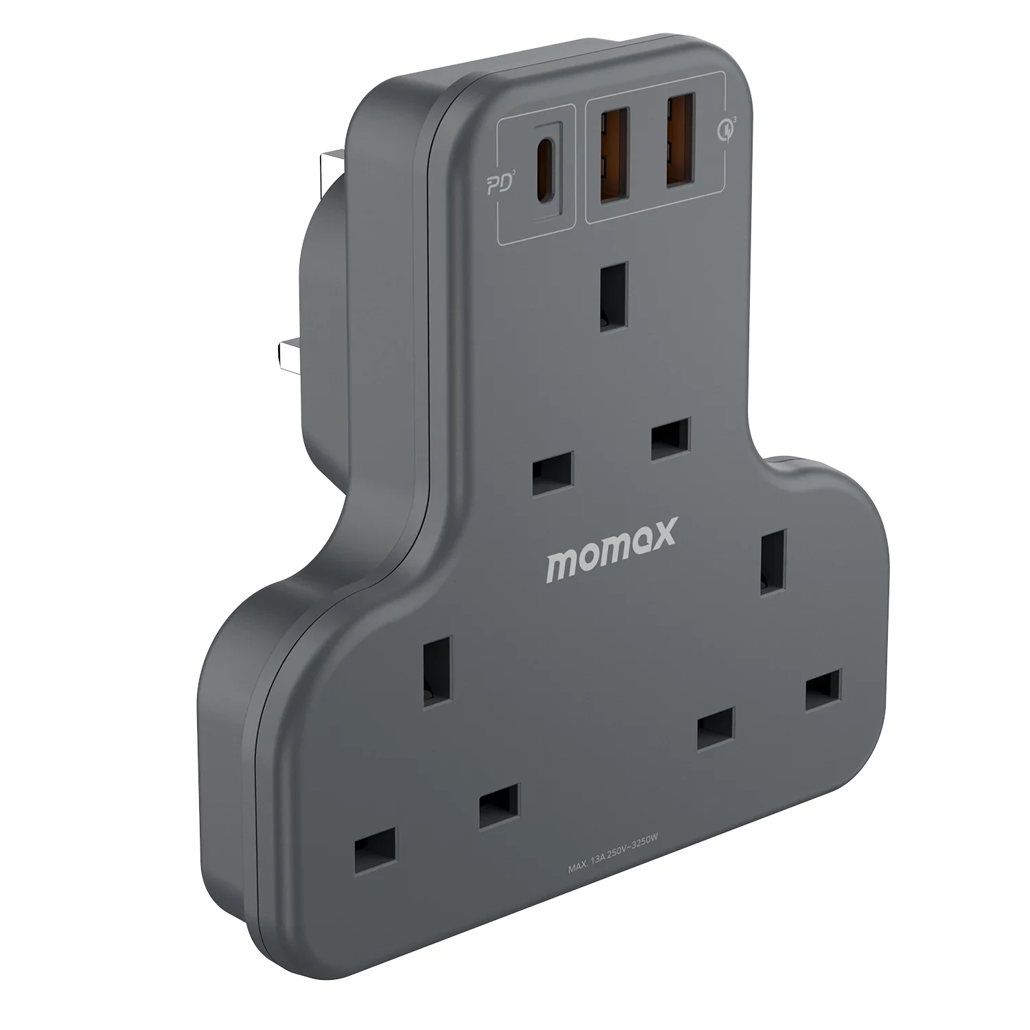 MOMAX OnePlug PD20W 2A1C 3Head T-shaped Extension Socket With USB (Space Grey) #US6