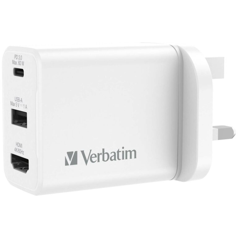 Verbatim GaN Usb 充電及屏幕共享 (60W, 3port, PD, QC3.0, TypeC, HDMI, 白色) #66895