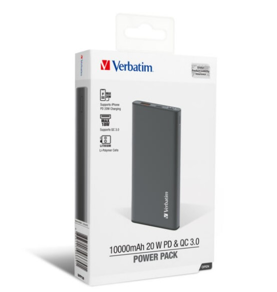 Verbatim PD3.0 20W 10000mAh Mobile Rechargeable Battery Grey #66689