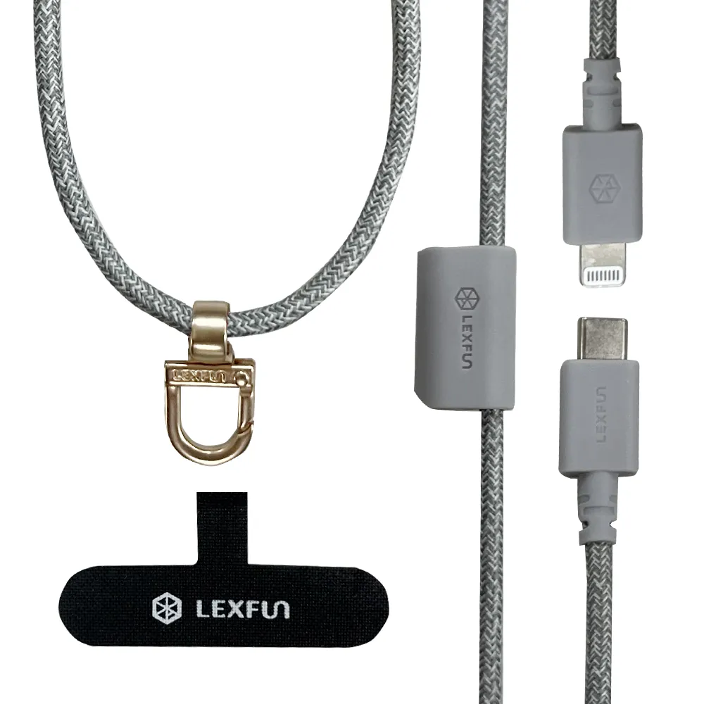 LEXFUN PowerSling 充電手機背帶 5ft/1.5metre Type-C to Lightning Cable 環保咖啡紗編織 - MFi Certified (Grey) #PsCLgE